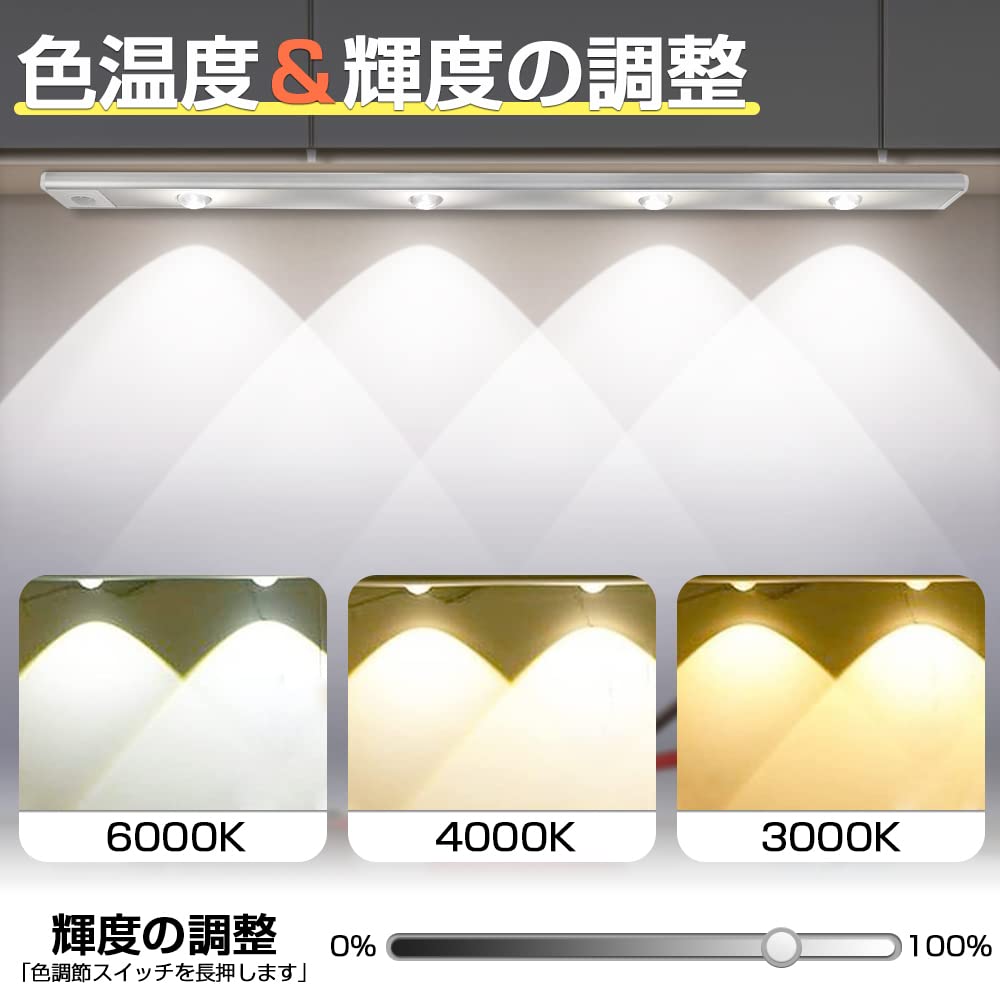 HAIKUSOUBI Bewegungssensorleuchte, 60cm LED Innenleiste, Lichtsensor, USB wiederaufladbar, Drei Farbtemperatureinstellungen (Weiß, Tageslichtweiß,