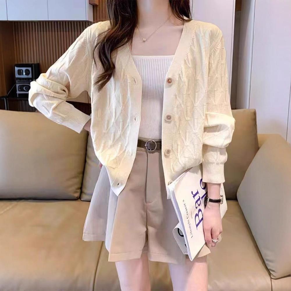 V-neck knitted cardigan women's lazy spring and autumn new Korean version loose versatile sweater jacket top