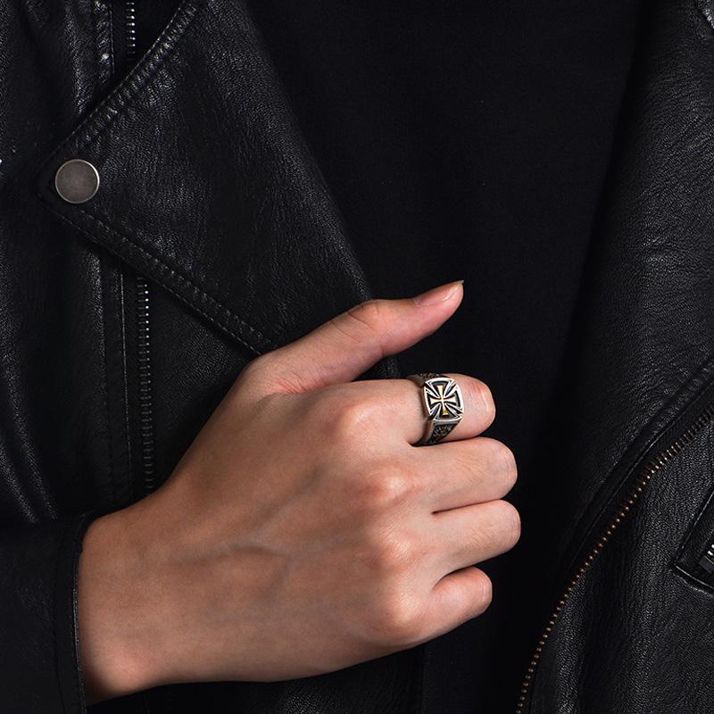 Retro Croix De Guerre Ring For Men Cross Accessories Zinc Alloy Color Punk Gothic Adjustable Open Ring Rock Handmade Unisex Zircon