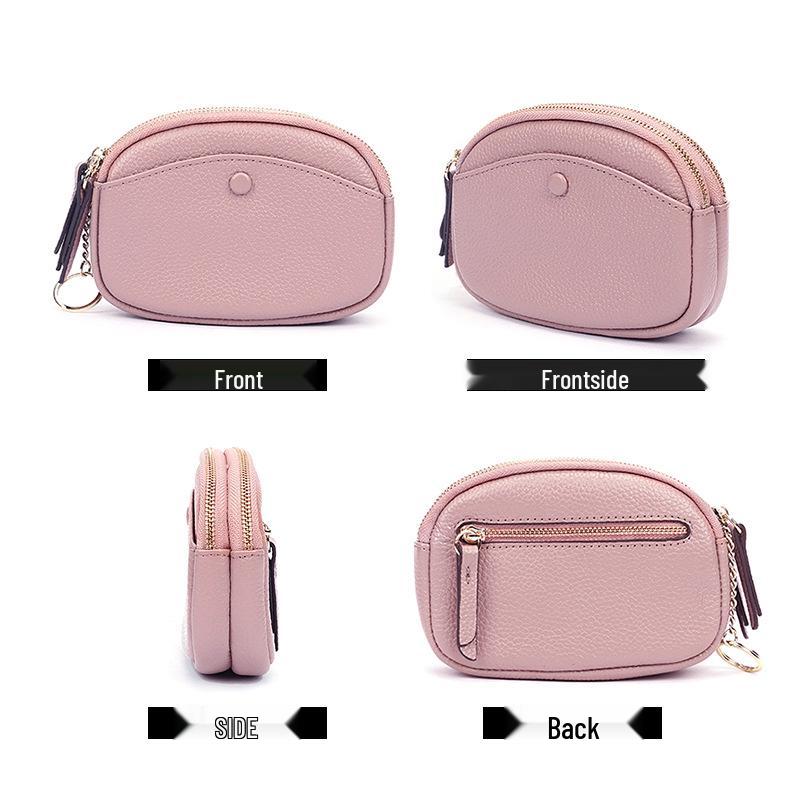 Women's Double Zipper Top Grain Cowhide Wallet: Fashionable Large Capacity Coin Purse with Hook.