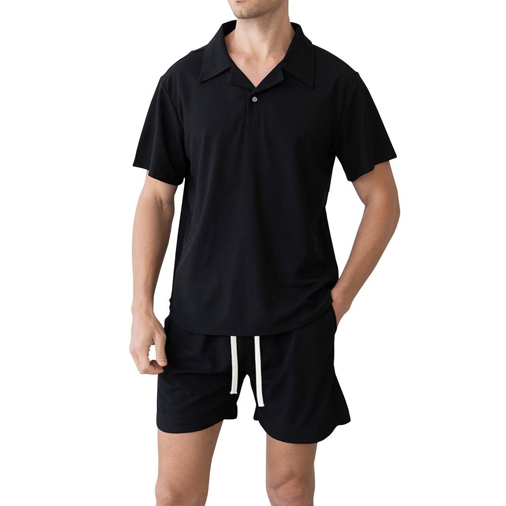 Męska letnia oddychająca, swobodna koszulka męska z kołnierzykiem kubańskim, jednokolorowa koszula i spodenki