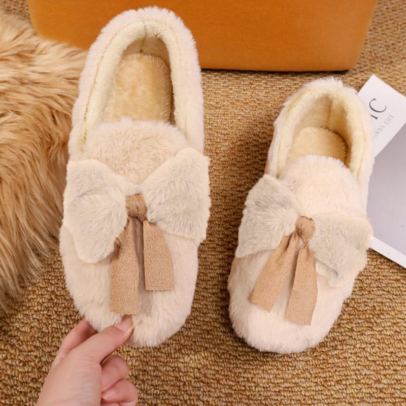 In Autumn and Winter, Women's New Bow-tie Fluffy Shoes with One Foot On Flat-soled Doudou Shoes Wear Thickened and Velvet Warm Cotton Shoes