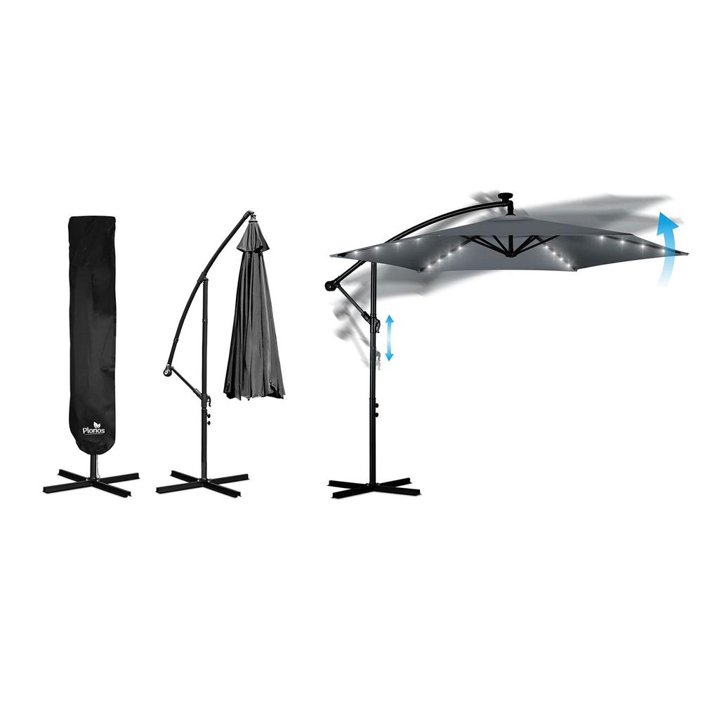 Folding Garden Umbrella, 6 Sections, 350 Cm, With Cover And Lights, Plonos Pl-882
