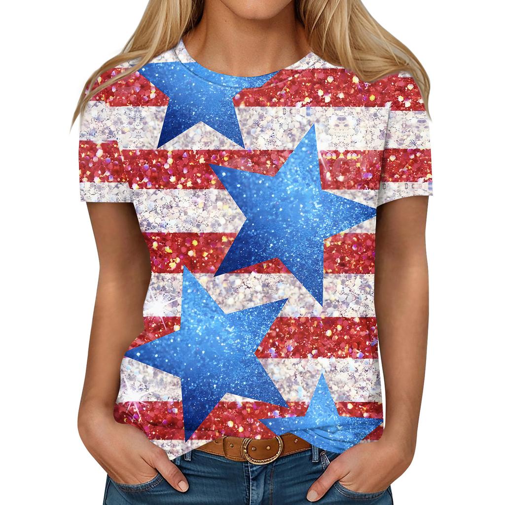Women's Fashion Casual Independence Day Printed Round Neck Short Sleeve T-Shirt Top