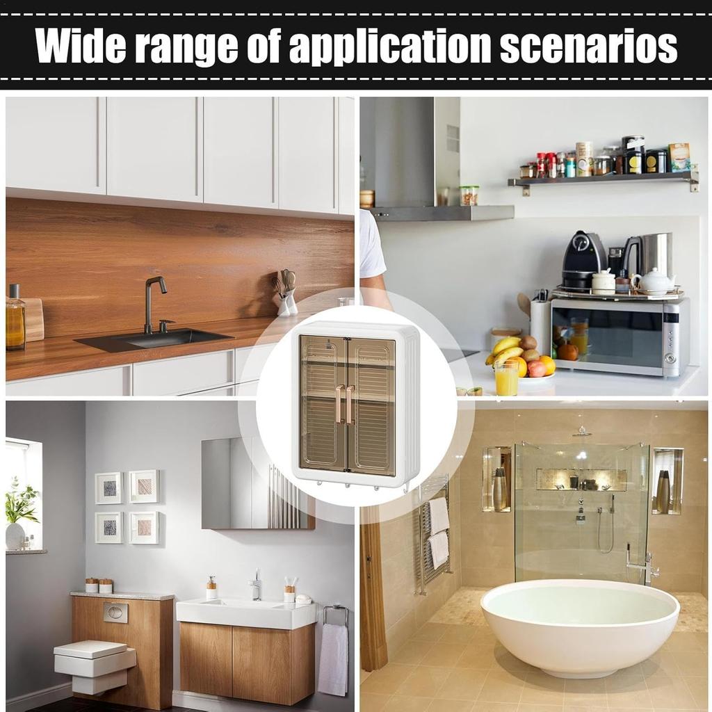 No-Drill Bathroom Shelf & Storage Cabinet - Wall Organiser for Bathroom Essentials, Makeup, Skincare with 2 Doors, 32 X 40.5 X 13cm (White, 3 Layer)