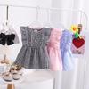 Korean-Style Girls' Summer Pleated Plaid Cotton Shirt with Flutter Sleeves