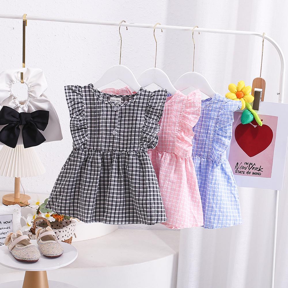 Korean-Style Girls' Summer Pleated Plaid Cotton Shirt with Flutter Sleeves