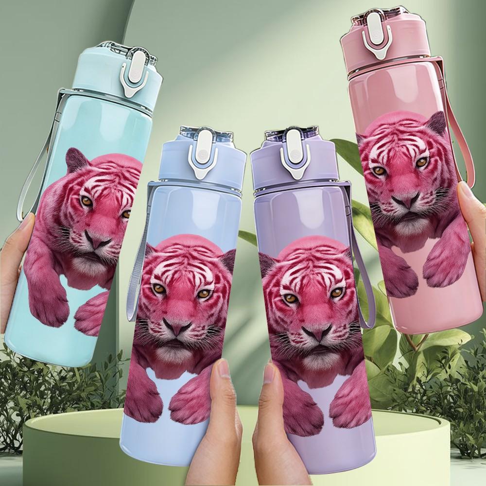 1PC Pink Panther Wild Cat Animal Pattern 750ml Color Plastic Sports Water Bottle Leakproof Flip Straw Lid Suitable for Sports Office Home Use