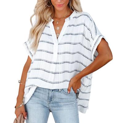 Women's Plaid Blouse Summer Short-sleeve Thin V-neck Irregular Blouses White Striped Loose Shirt Plus Size Top
