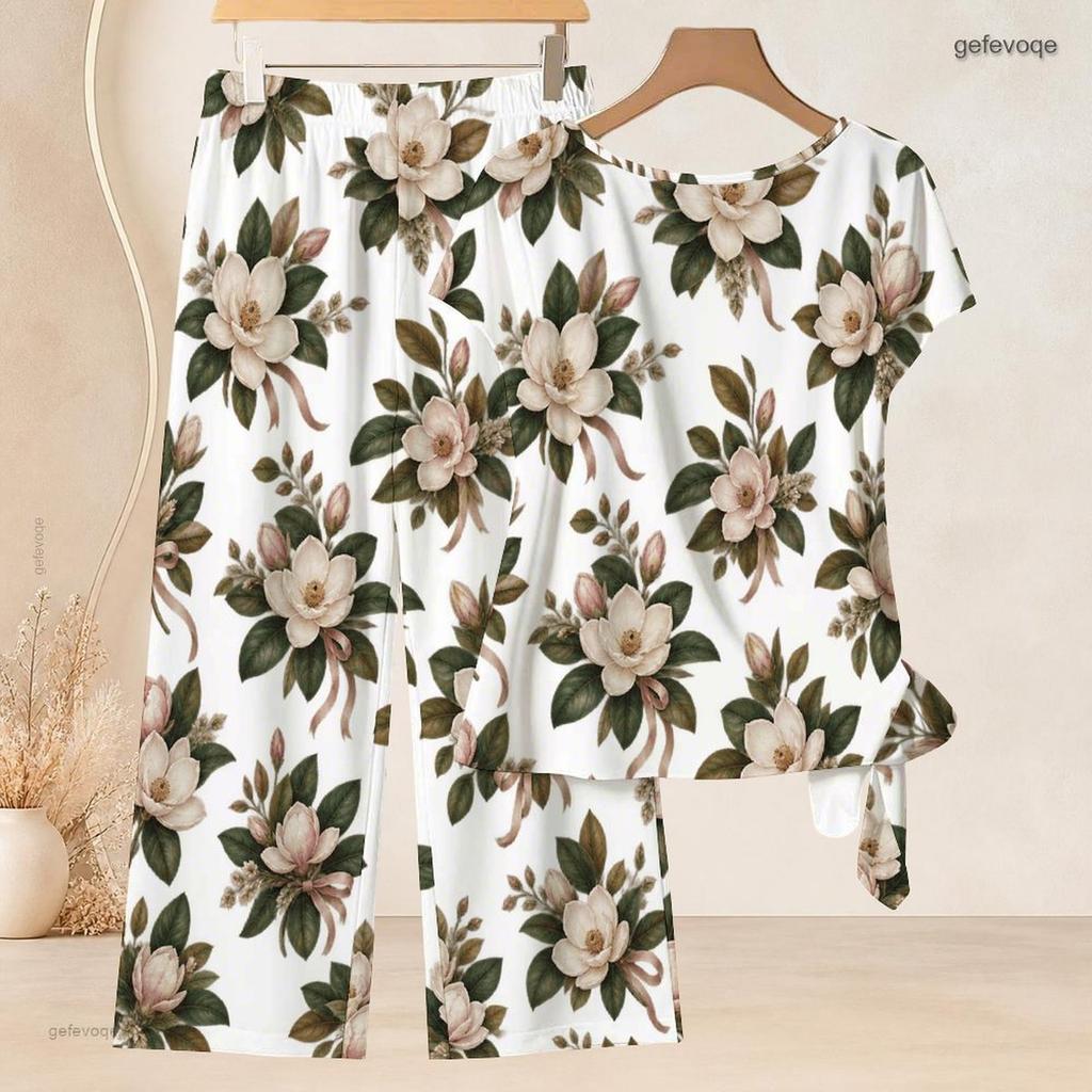 Women Plus Size Round Neck Short Sleeve Floral Printed Knot Hem Top Long Pants Two Piece Set