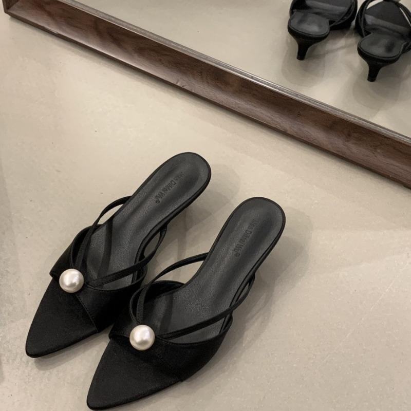 Fashion Elegant Pearl Decor Open-Toe Slippers Fashion Women Slippers Summer 2025 Outwear Pointed Toe Thin Heel Sandals Zapatos De Mujer