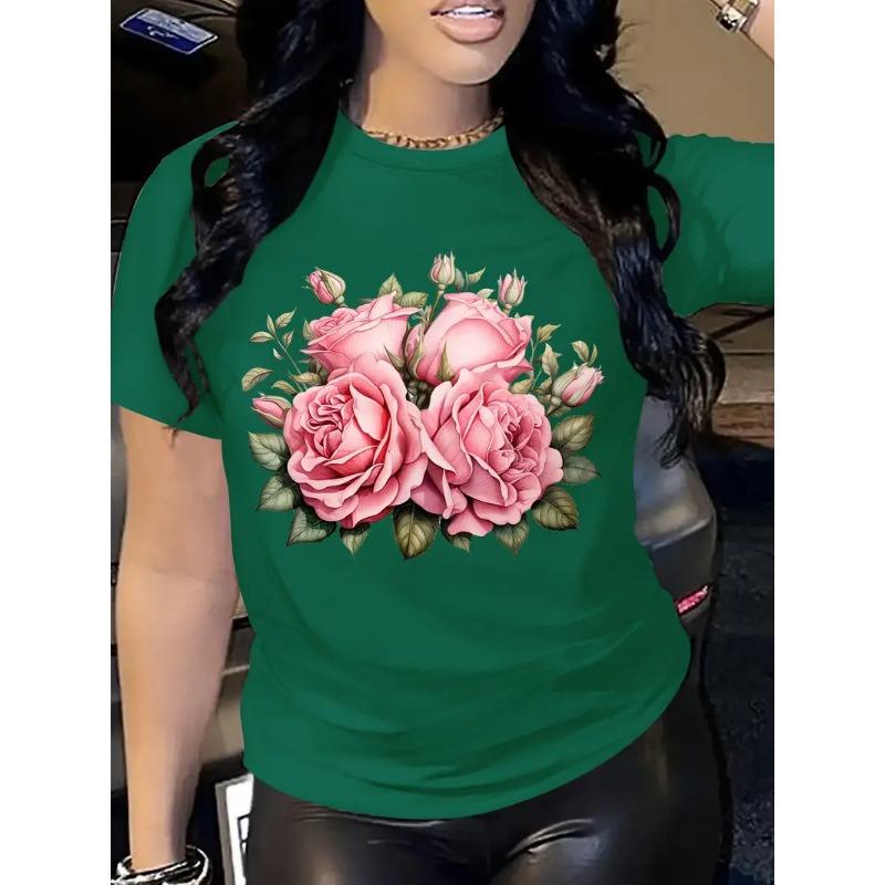 

Летний топ с круглым вырезом и 3D-принтом розы, модные повседневные женские футболки с коротким рукавом XS зелёный