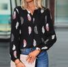 Ladies Fashion New Feather Print Notched Neck  Sleeve Blouse Long Sleeve Tops