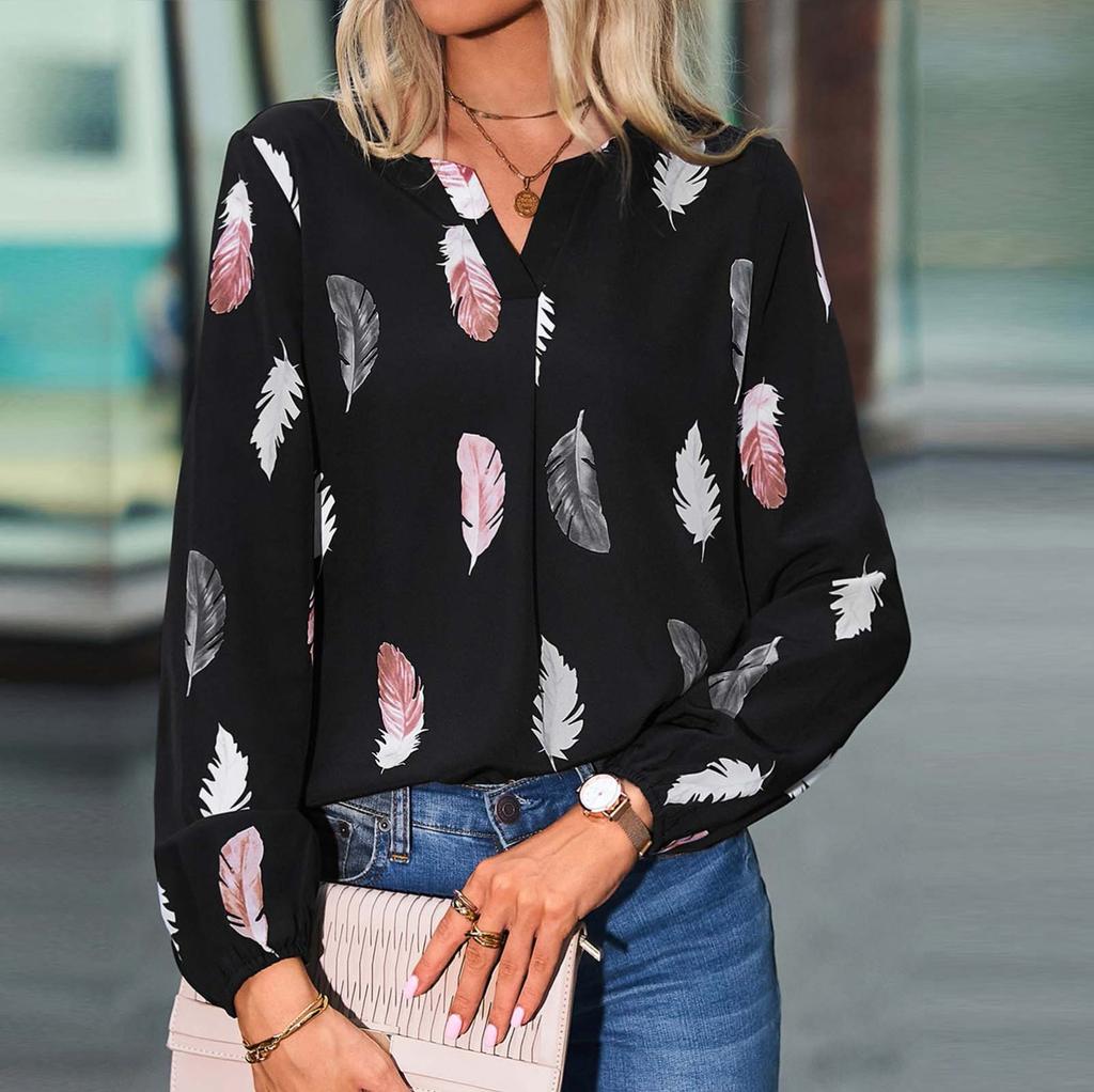 Ladies Fashion New Feather Print Notched Neck  Sleeve Blouse Long Sleeve Tops