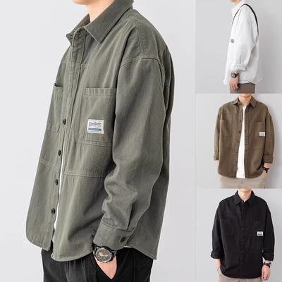 Men's Clothing Loose Korean Spring Solid Color Vintage Fashion Casual  Version Long Sleeve Lapel Business Spliced Pocket Tooling Shirt