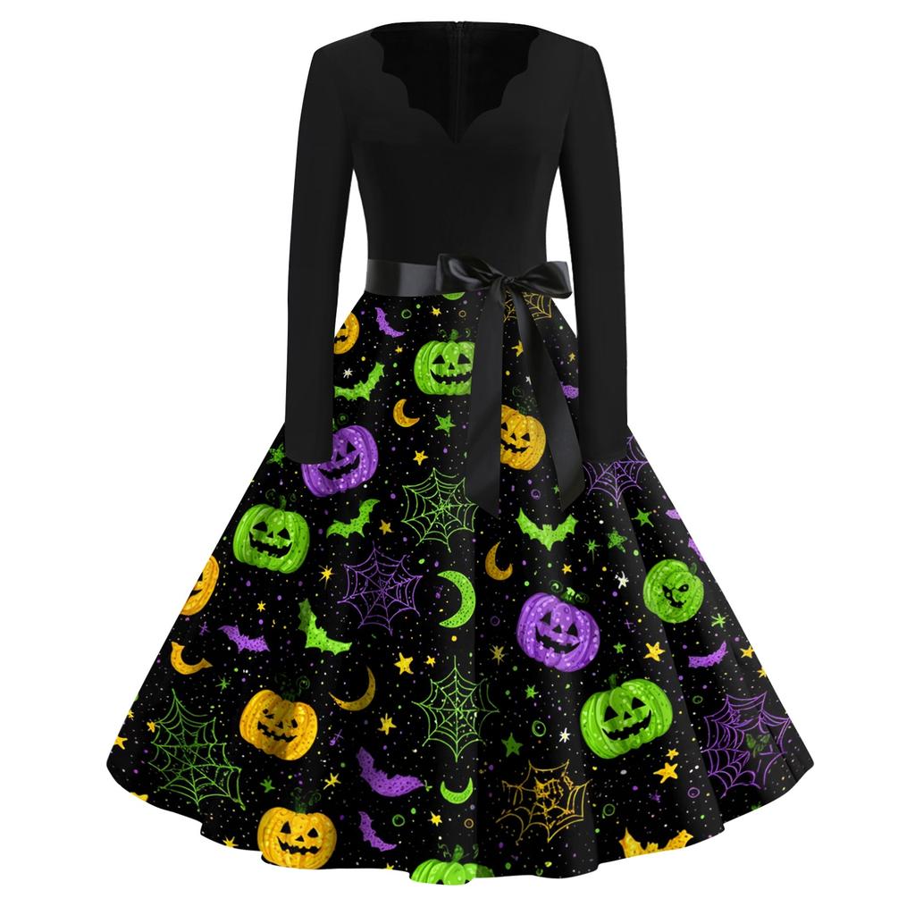 Women Casual Vintage Dress V Neck Long Sleeve Floral Print Retro Swing Dress with Waist Tie for Halloween