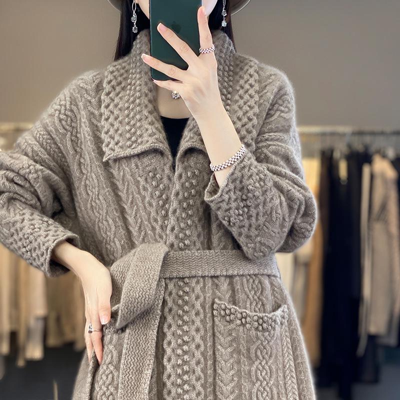 Women's Wool Knit Lapel Coat with Pockets - Autumn/Winter Mid-Length Belted Cardigan