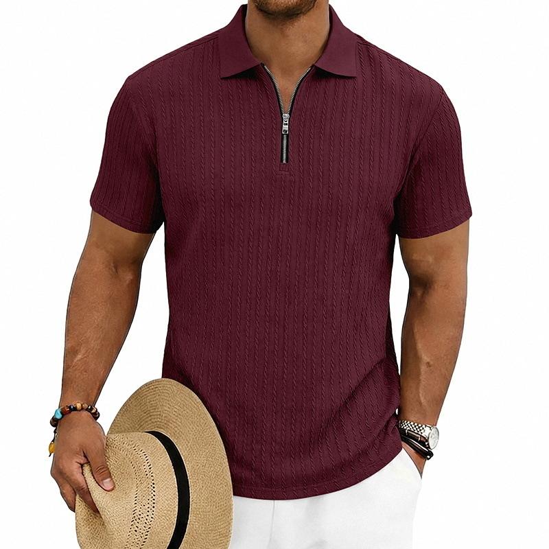Men Vertical Cable Knit Half Zip Polo Shirt Short Sleeve Solid Slim Fit Casual Top