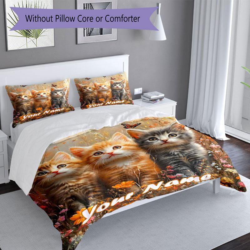 3PC Custom Name Kittens Garden Bedding Set Printed Bedding Set Duvet Cover Closure Includes 1 Duvet Cover & 2 Pillowcases for All Seasons Bedroom