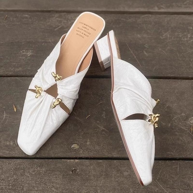 

Мода Мода Металлическая Декорация Тапочки Женские Элегантный Квадратный Носок Плиссированные Дизайнерские Туфли Удобные Мягкая Кожа Низкий Каблук Тапочки 35 бежевый