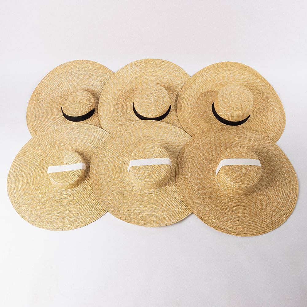 Summer new retro fashion big eaves straw tether flat top straw hat, beach travel sun protection flat top straw hat