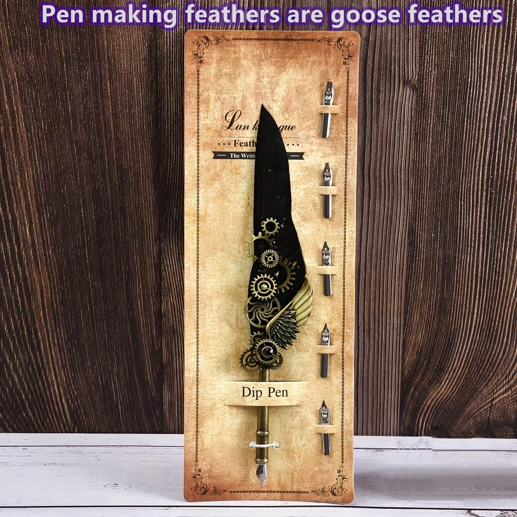 Ambidextrous Mechanical Calligraphy Pen with 5 Personalized Metal Tips, Medium Point, Round Body, Decorative European Retro Feather Quill for Beginner