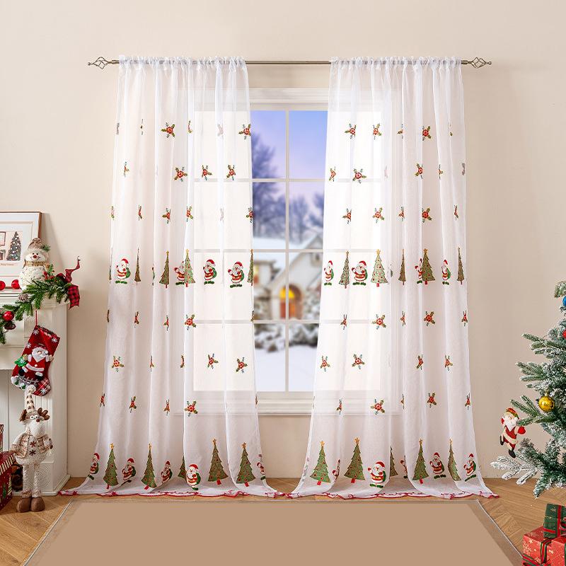 Christmas Santa Claus Embroidered Curtain American Style Festive Atmosphere Decor Sheer Pole Curtain for Living Room Bedroom