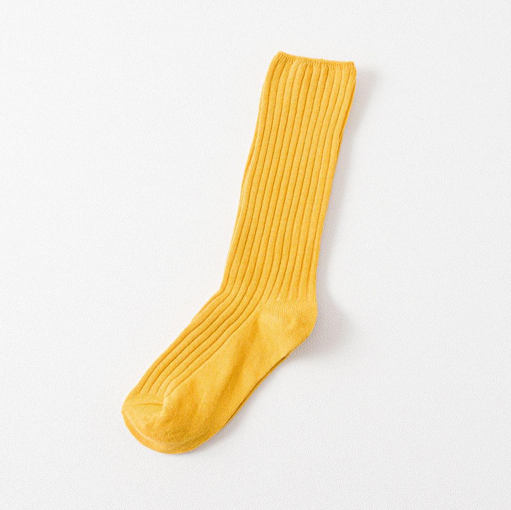 Autumn & Winter Women's Ribbed Cotton Mid-Calf Socks - Japanese Style, Solid Color, Double Needle.