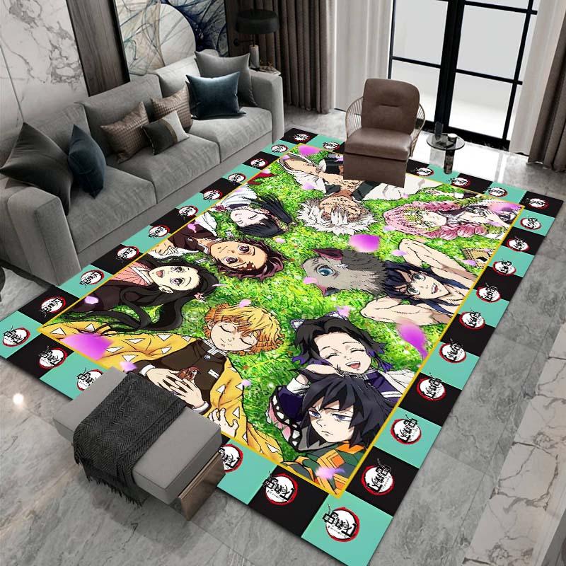 Cute cartoon Kimetsu no Yaiba rug, suitable for playrooms, bedrooms, living rooms, sofas, and other home décor; non-slip rug for