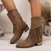 Plus Size Fringe Boots Women's Winter 2025 New Vintage Side Zipper Western Cowboy Boots