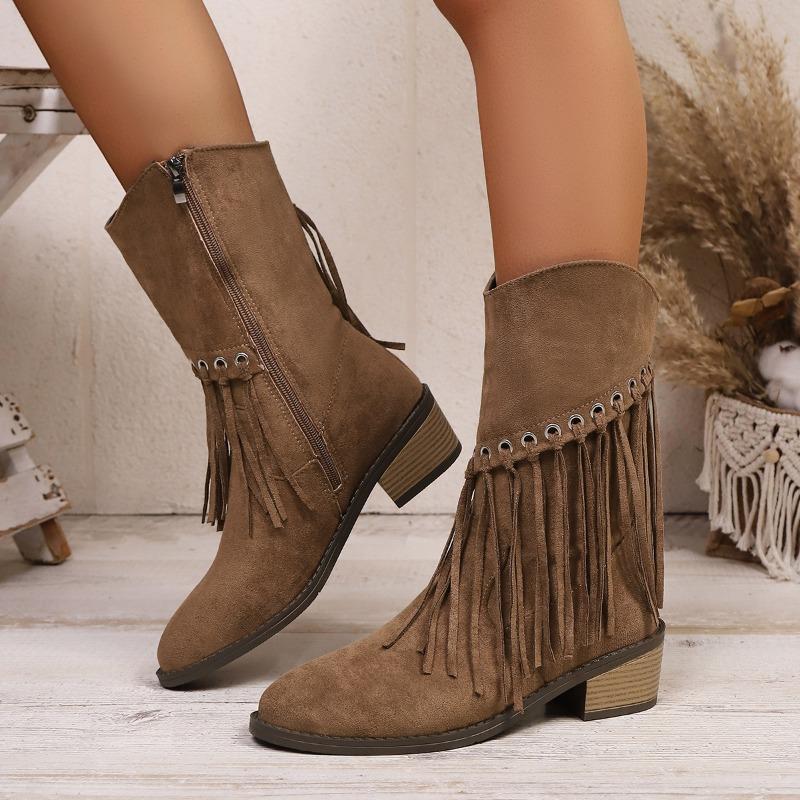 Plus Size Fringe Boots Women's Winter 2025 New Vintage Side Zipper Western Cowboy Boots