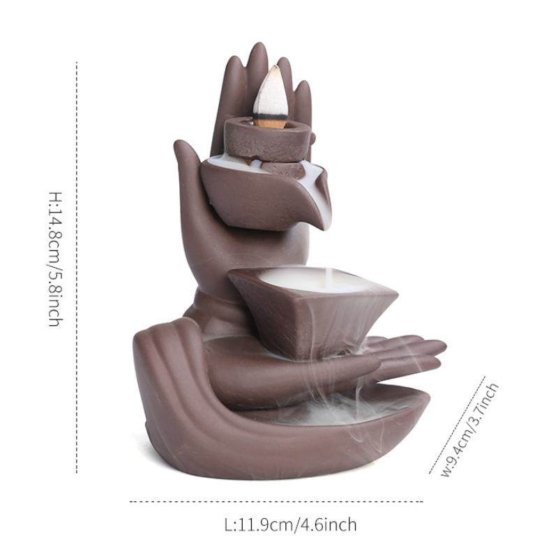 Purple Clay Backflow Incense Burner Creative Stone Mill Buddha Hand Design, Relaxing Aromatherapy Decoration for Home and Office