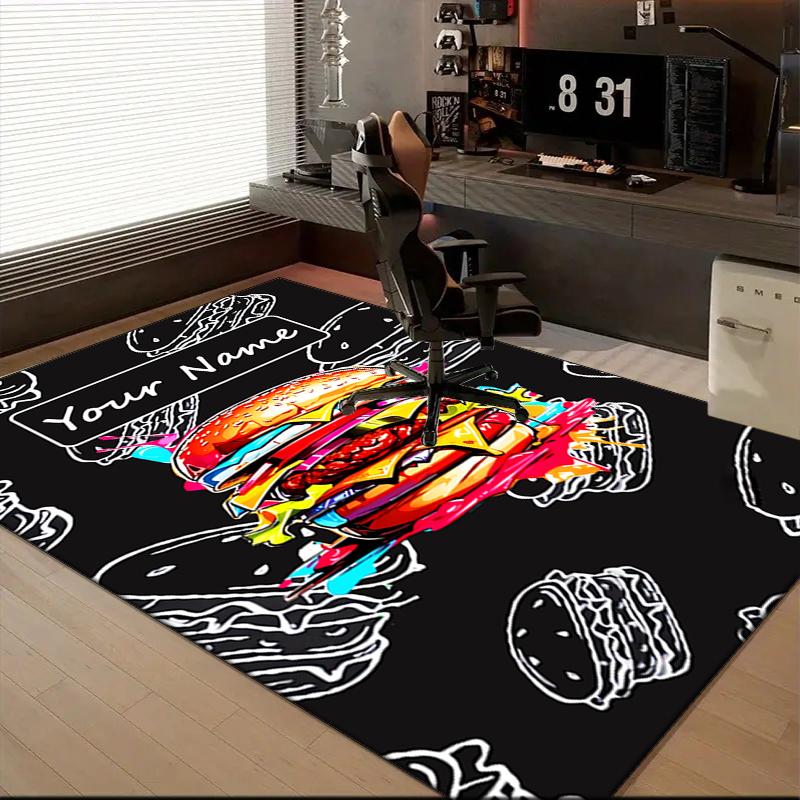 1PC Custom Name Colorful Burger Artwork Theme Floor Mat Ideal for Living Room, Game Rooms, Office, Bedroom, Floor Mat Playful Design