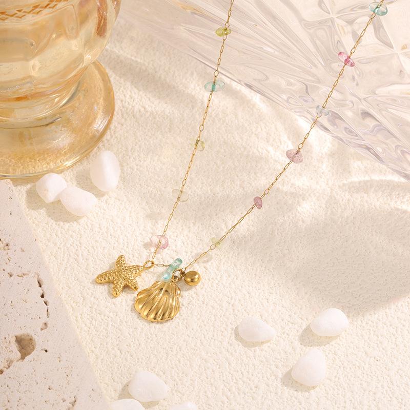 European and American Ocean Wind Starfish Shell Necklace Female Titanium Steel Non-fading Versatile DIY Gemstone Beaded Necklace Jewelry