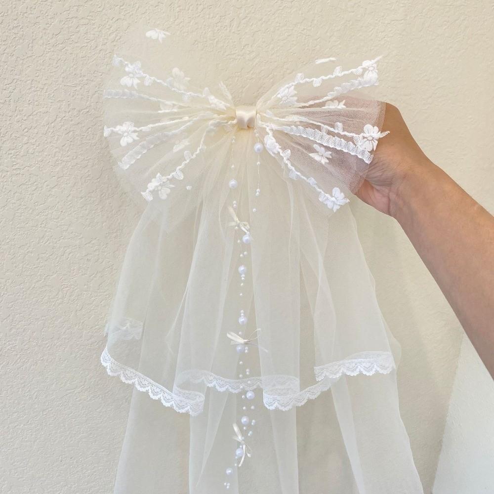 Bow Veil Hair Clip Beads White Bridal Tulle Elegant Girls Head Gauze Hair Accessories
