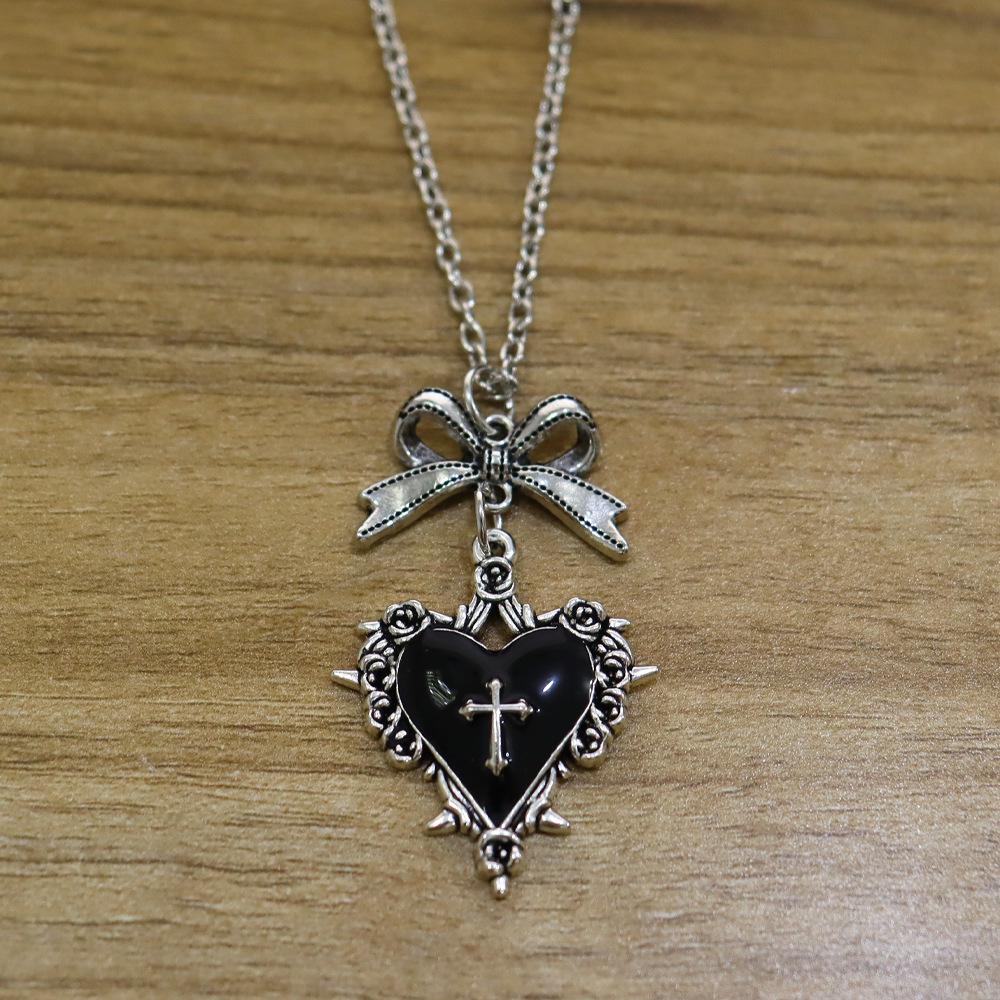 Gothic Punk Thorns Heart & Cross Bow Necklace - Retro Clavicle Chain, Ins Style