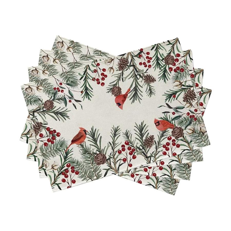 Christmas Snow Bird Table Mats for Kitchen Linen Placemats Set Dining Decor Washable Holiday Placemats Home Decoration