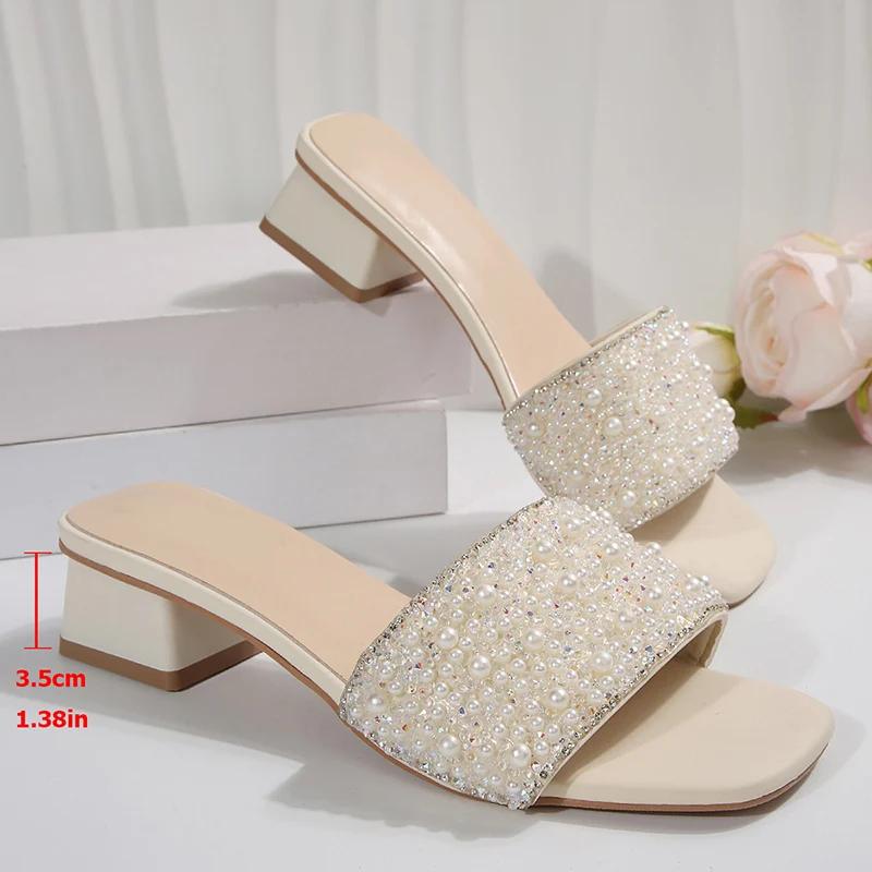 Fashion Pearl Decor Chunky Heel Sandals Women Fashion Square Toe Summer Slippers Woman Plus Size Comfort Slip On Sandalias Mujer 2025