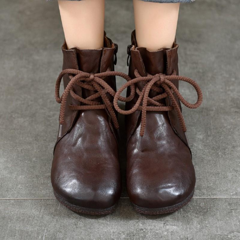 Johnature Bottes courtes plates à bout rond en cuir véritable, chaussures à lacets à semelles souples pour femmes