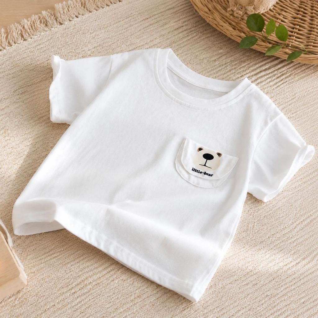 Kids Cotton Short Sleeve T Shirt with Bear Embroidery Pocket for Boys and Girls Summer