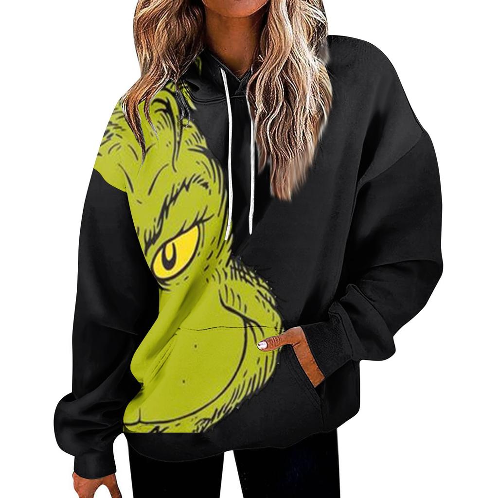 Women's Cozy Pink Hoodie with Green Cartoon Character Print Casual Long Sleeve Pullover Sweatshirt for All Seasons