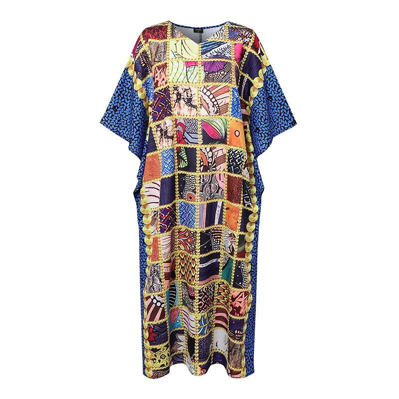 

Плюс Размер Женщин Оборки Короткий Рукав Цветочный Принт Лоскутное Повседневный Свободный Оверсайз Длинное Платье 3XL синий