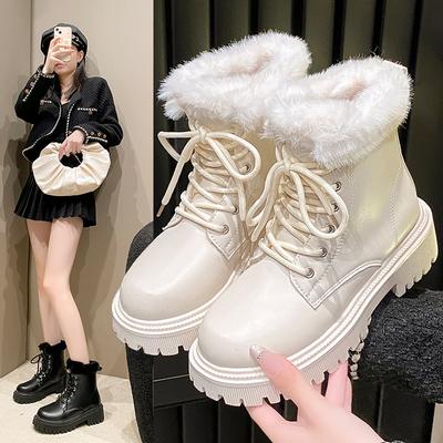 Mode Schneestiefel für Damen Damenschuhe Winterstiefel Stiefel-Damen Plüsch Runde Zehenpartie Flacher Absatz Leder Lolita Damen Mittel 2024 Fell
