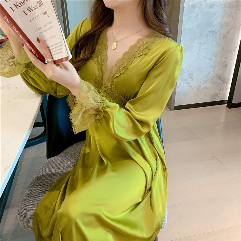 Women's Four Seasons Casual Comfortable Homewear Long Sleeve Thin Solid Color V-Neck Dresses