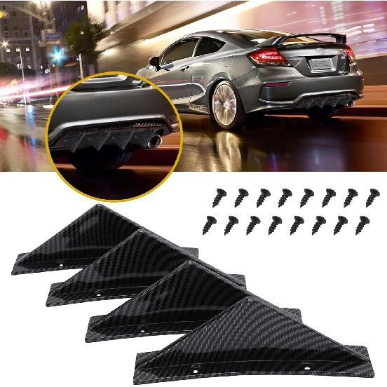 4Pcs Universal Curved Shape Rear Bumper Diffuser Shark Fin Spoiler Trim Covers Decoration Set Lip Wing Splitter, Carbon Fiber