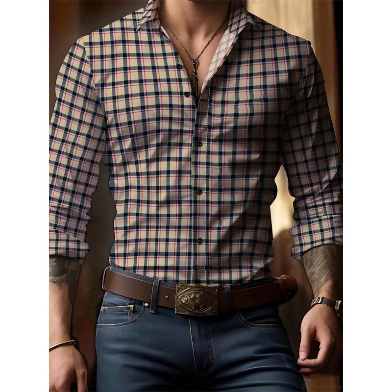 Men's plaid long-sleeved shirt, stylish and casual collared shirt, breathable and versatile top for everyday wear and commuting.