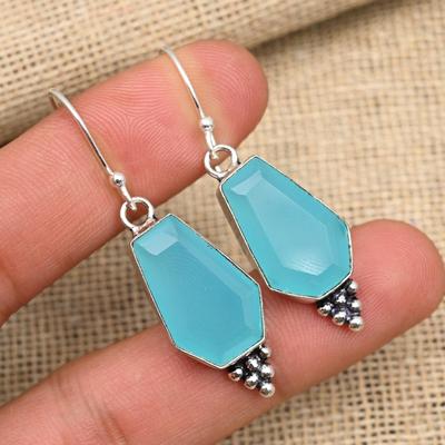 Blue Chalcedony Gemstone Handmade 925 Sterling Silver Earring Jewelry For Thanksgiving