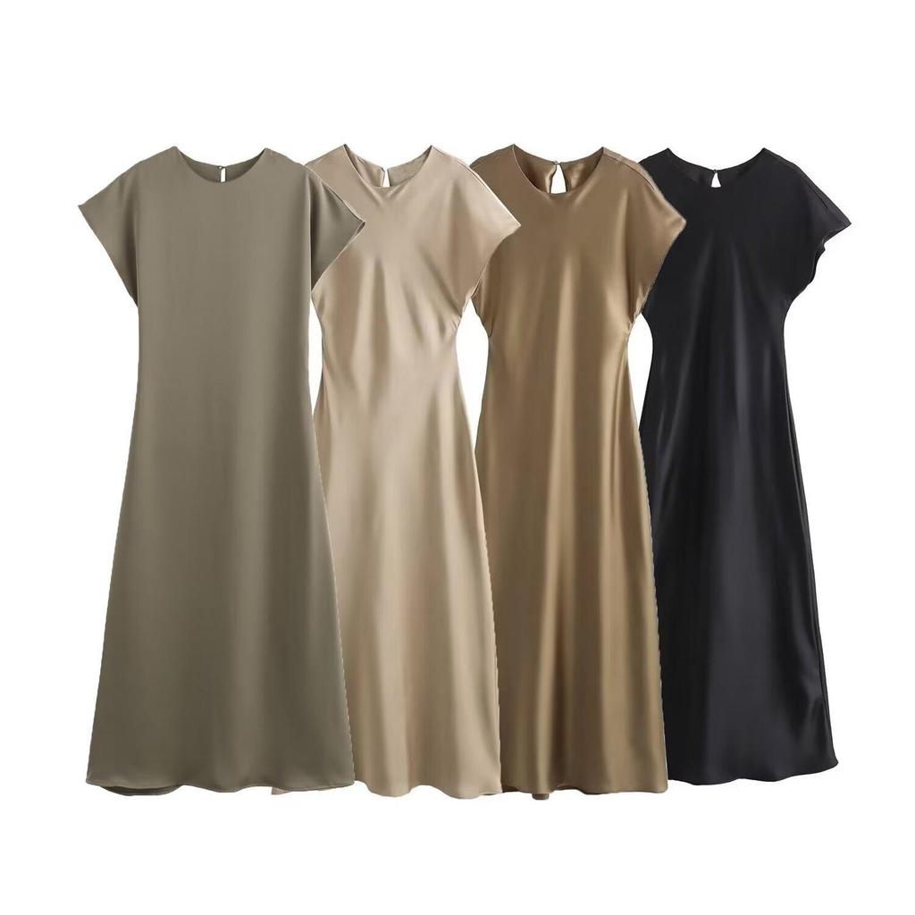 ZARZ European & American Style Versatile Women's Silk Satin Midi Dress