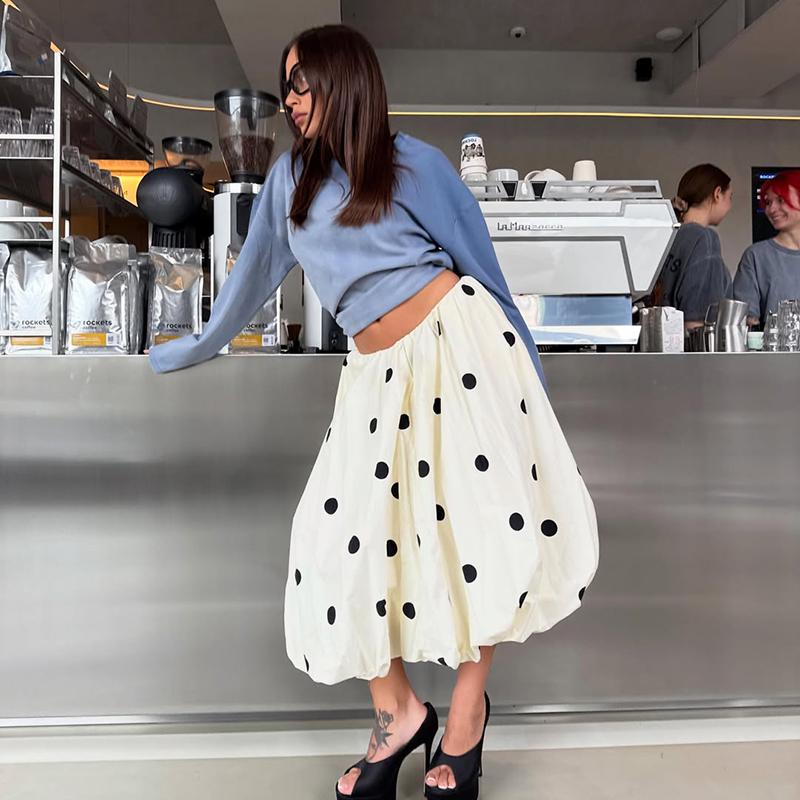 2026 New Polka Dot Bubble Skirt Women Summer Elegant Balloon Midi Skirts Vintage Voluminous Flattery Puff Long Skirt S