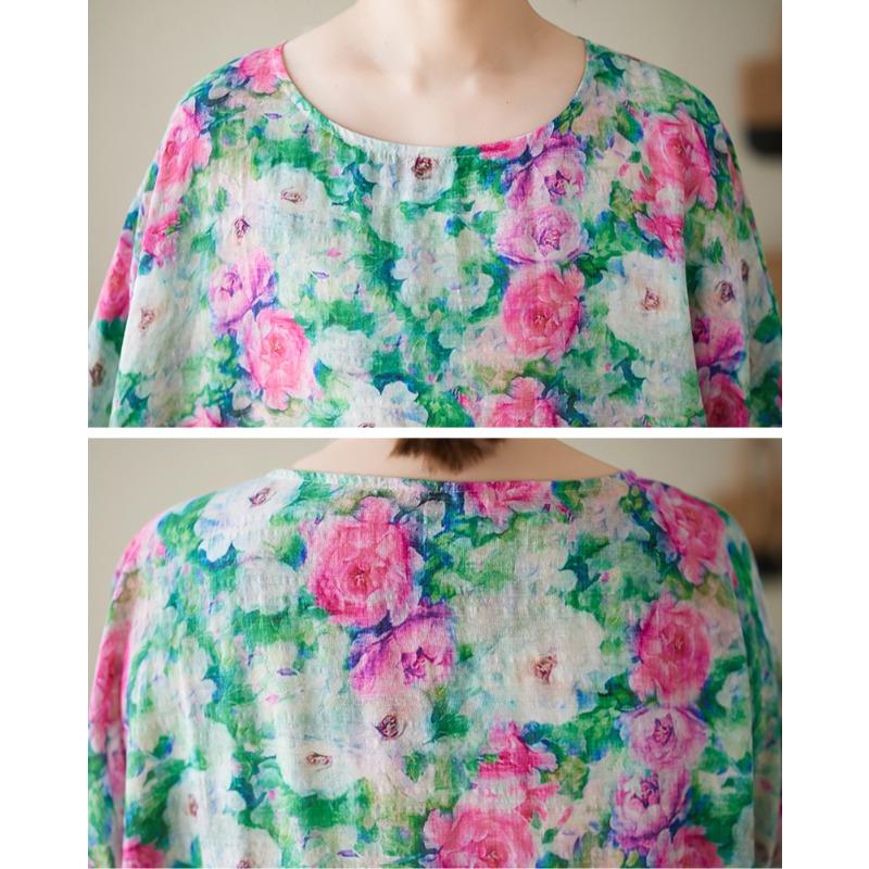 DIMANAF New 2025 Summer Dress Women Vintage Printing Floral Casual Plus Size Dress Loose O-Neck Dress Maxi